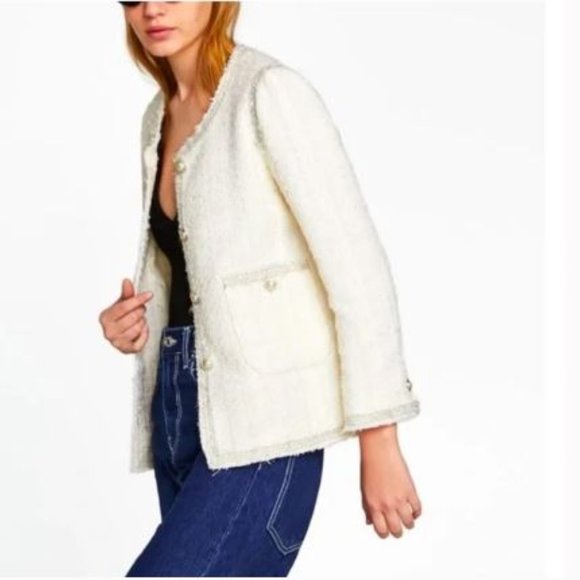Zara Ivory Tweed Blazer Pearl Buttons and Silver Threads Edging, NWT, S - Picture 6 of 15
